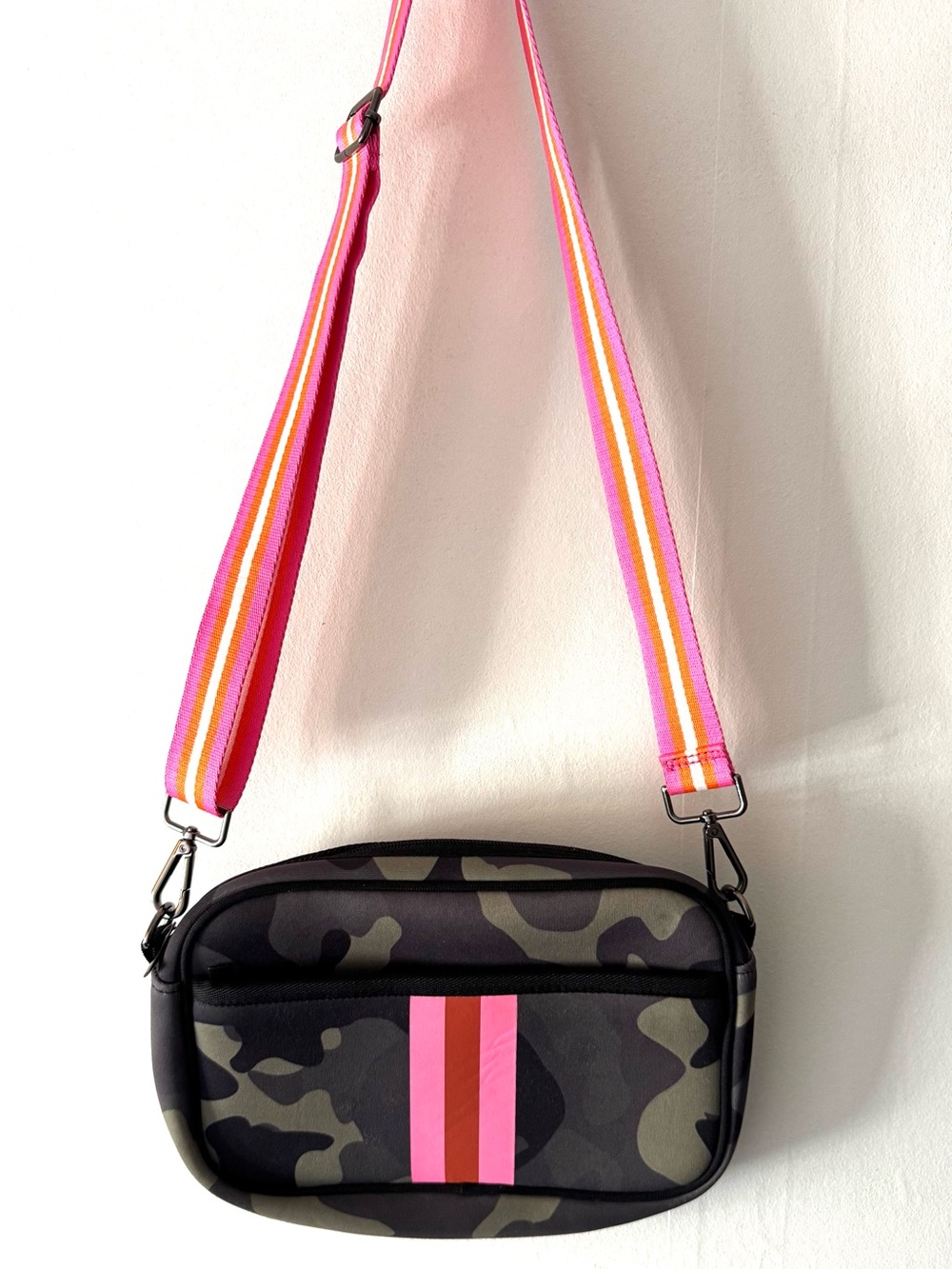 Camouflage Crossbody Bag with Pink Stripe and Adjustable Pink Strap